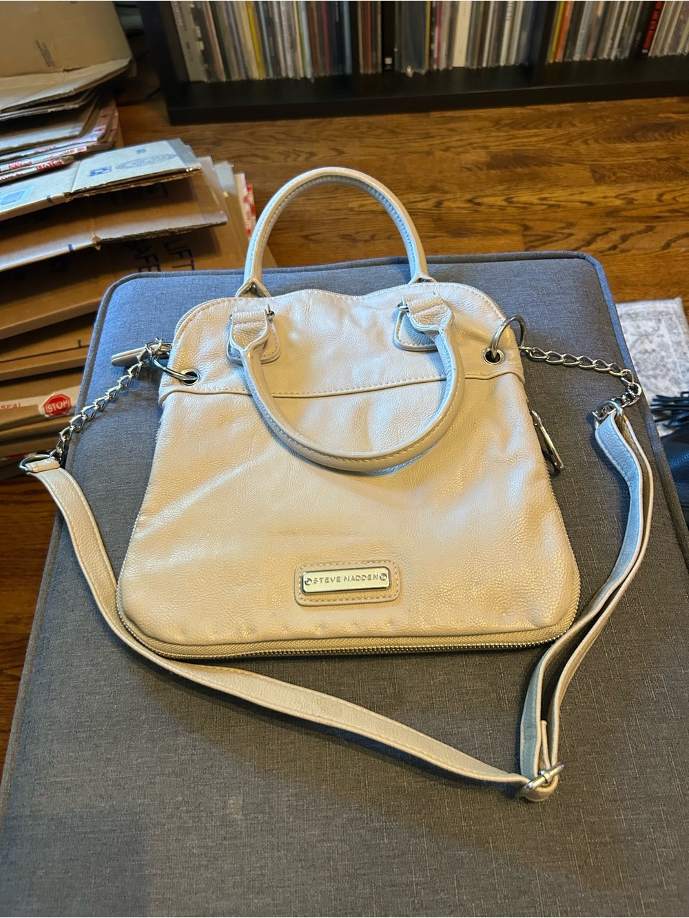 Steve Madden Beige Leather Shoulder Satchel with Chain Strap